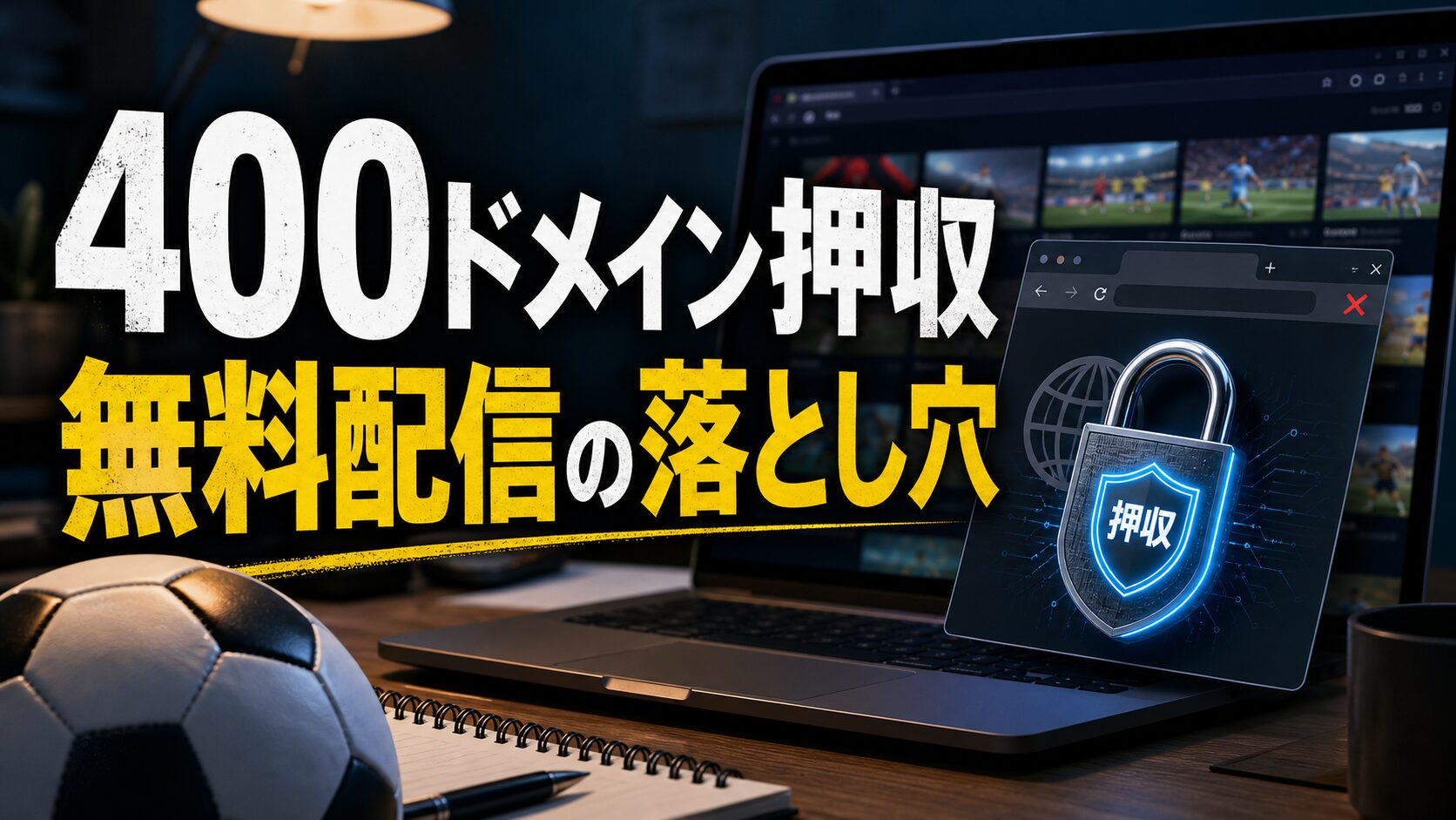 ワールドカップ無料配信サイトのドメイン押収と視聴リスクを表すアイキャッチ
