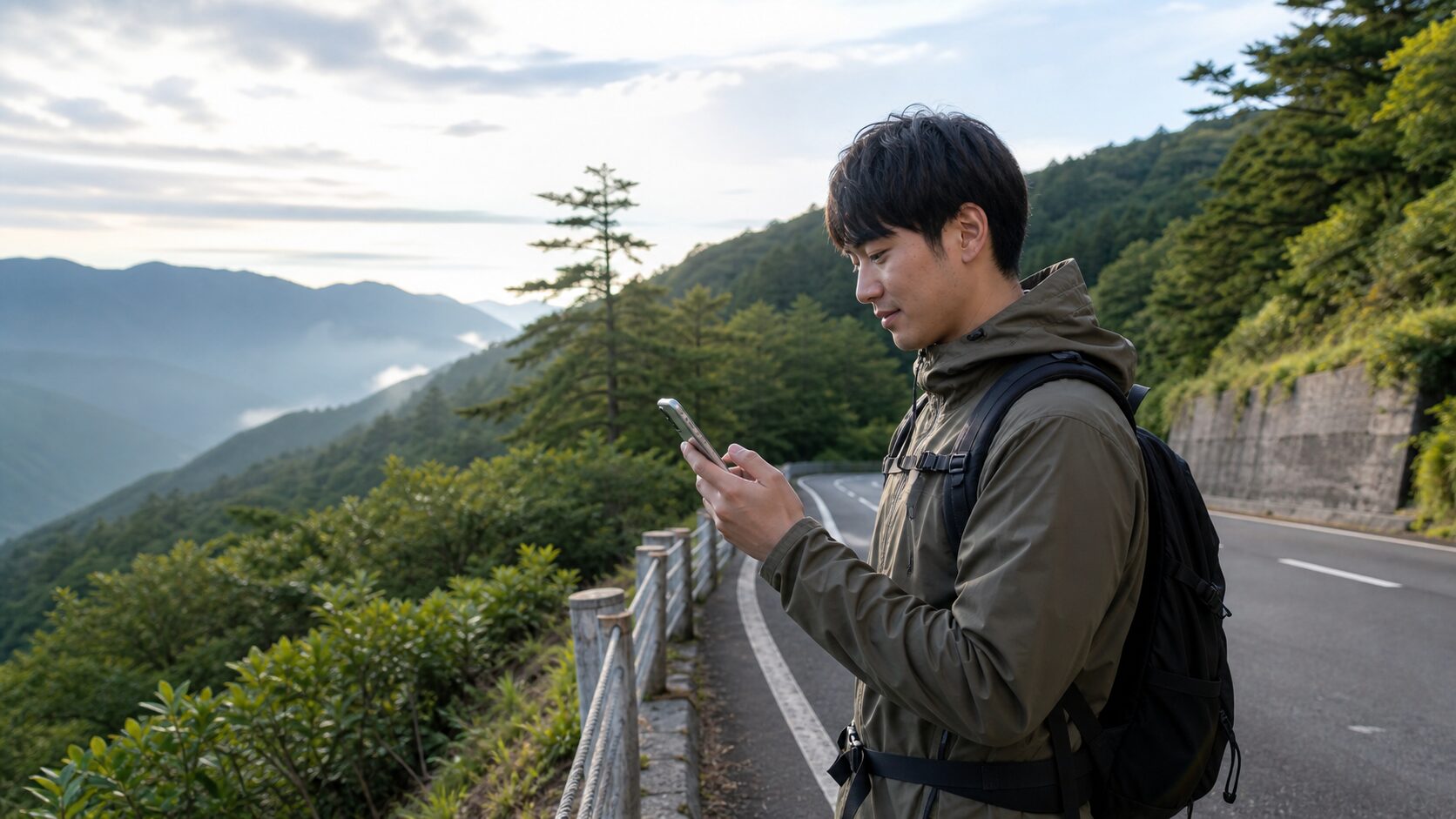 山間部の道路脇でスマホを確認する旅行者のイメージ
