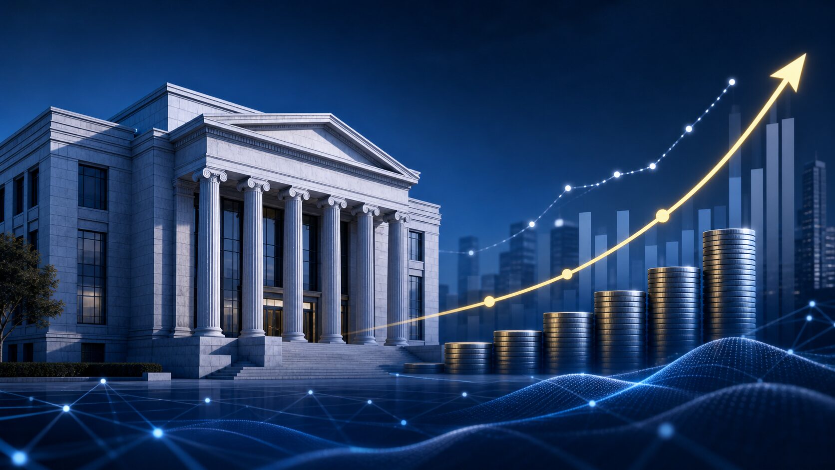 金利上昇と銀行株を表すイメージ