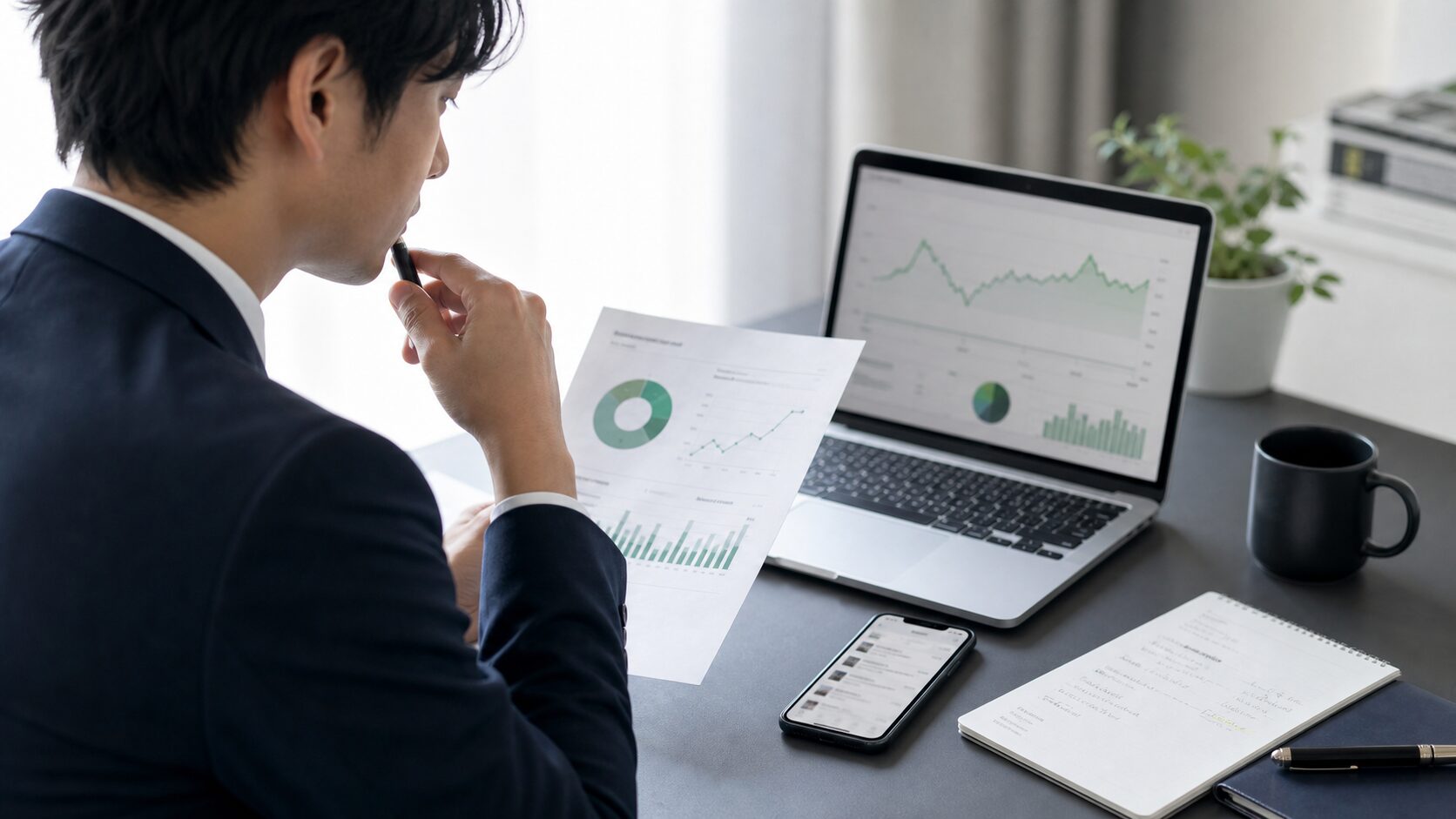 デスクでポートフォリオ情報を整理する利用イメージ