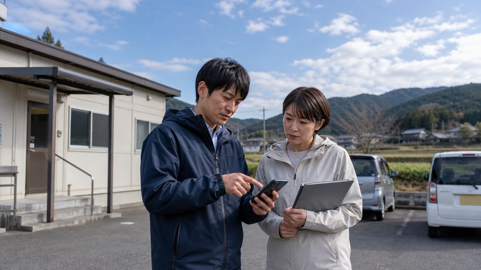 山間部の現場で衛星直結スマホを確認する二人のイメージ