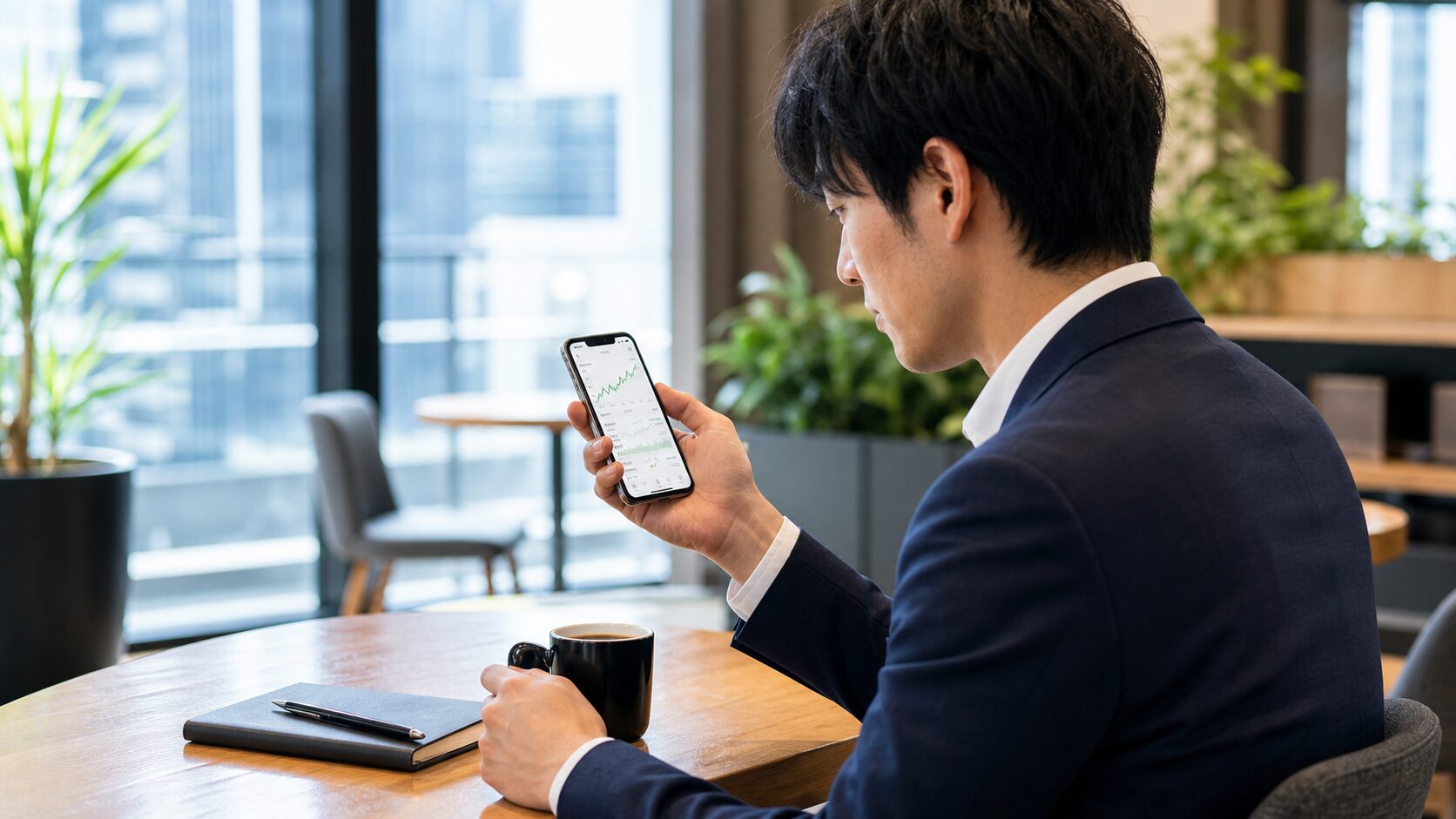 休憩時間にスマートフォンで相場を見直す利用イメージ