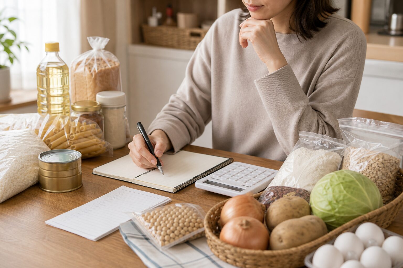 家計簿と食品ストックを見直す家庭のイメージ