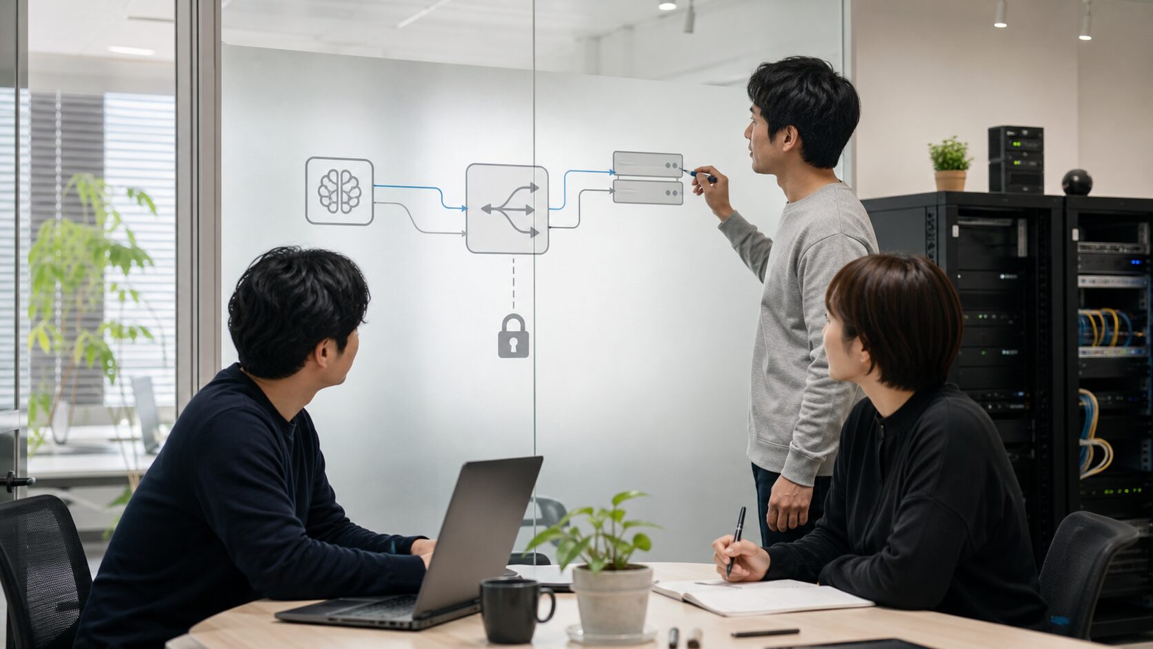 AIルーターの運用ルールとセキュリティを確認するチームのイメージ