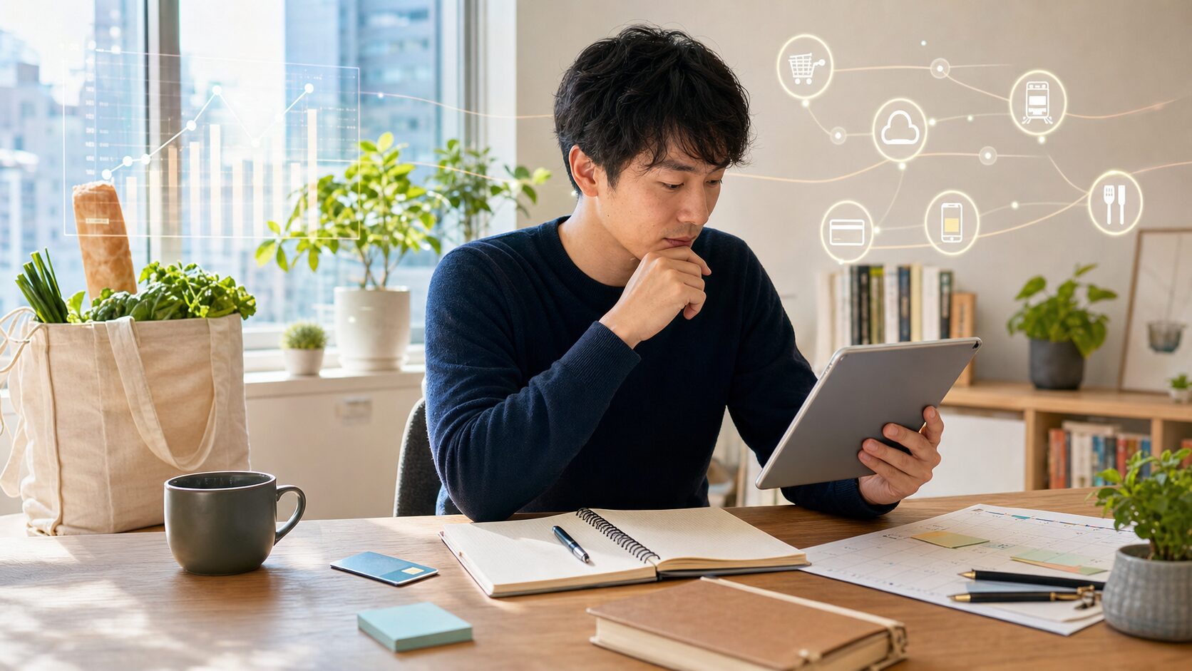 生活や仕事への影響を考えながらデジタルサービスを確認する人のイメージ