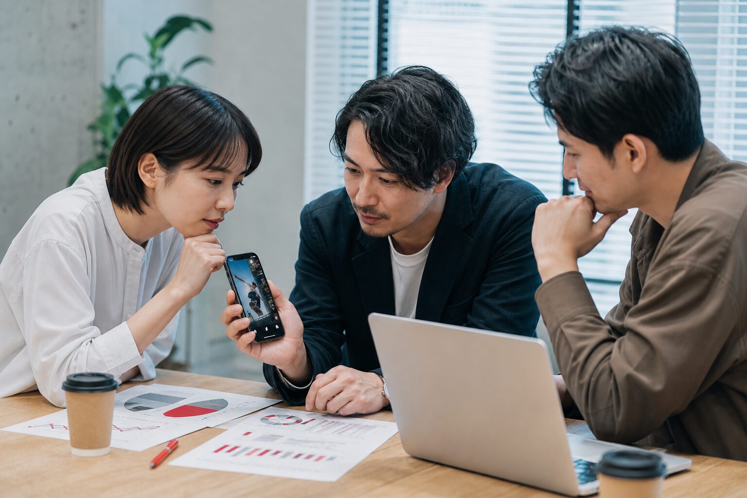 職場で短尺動画を企画や分析に使う打ち合わせイメージ