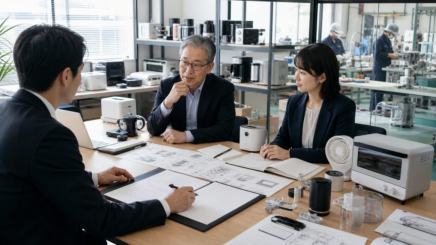 家電メーカーの工場と小型家電を表すイメージ