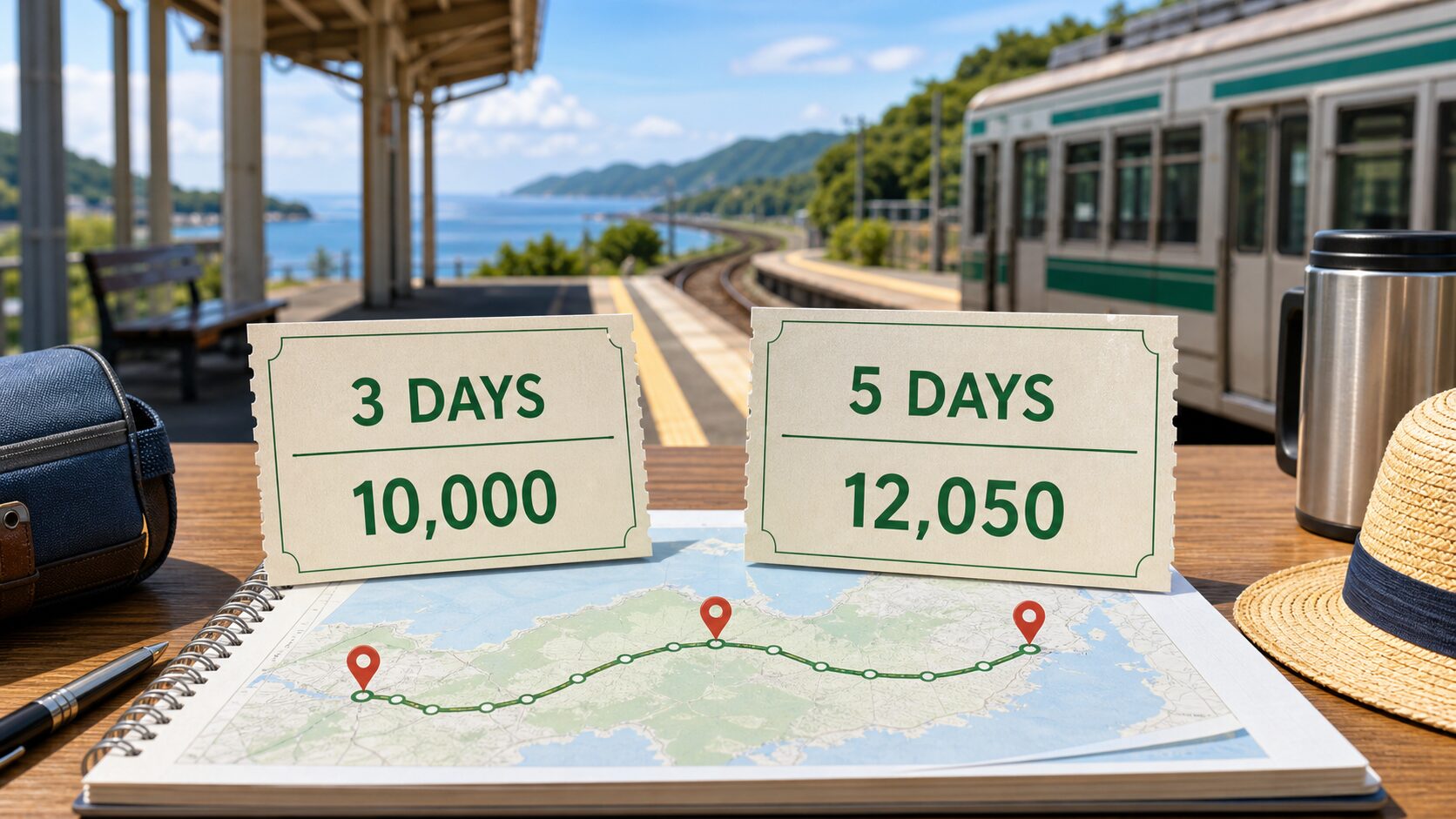 青春18きっぷ2026年夏の3日間用と5日間用を比較する生成画像