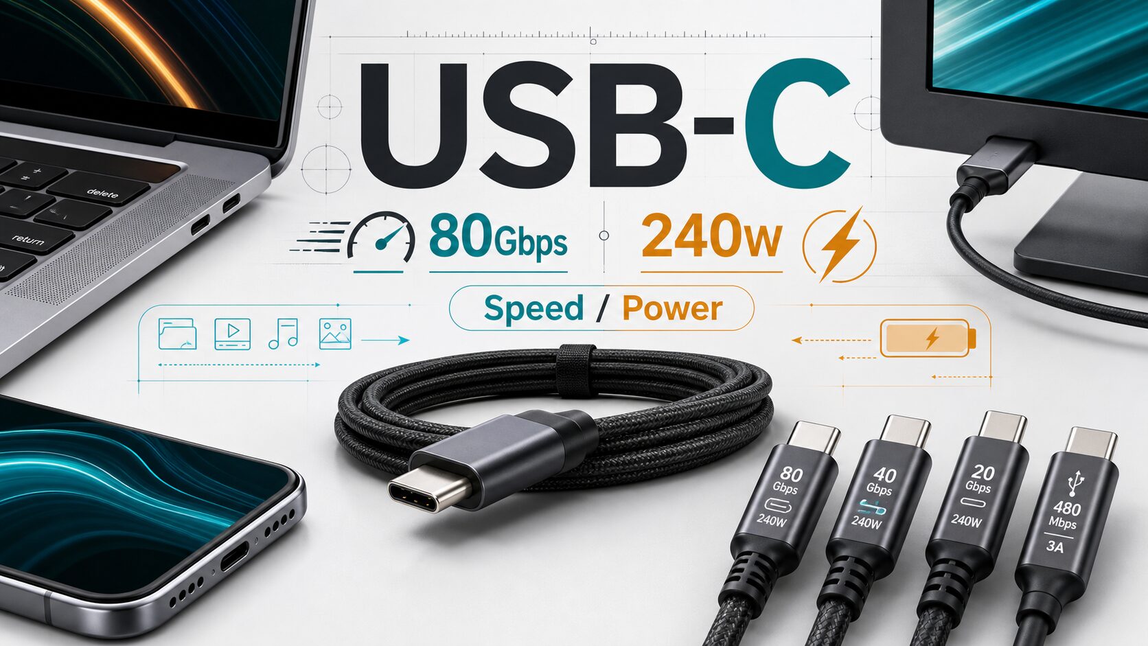 USB-Cケーブルと80Gbps、240Wの表示を組み合わせた技術解説用の生成画像