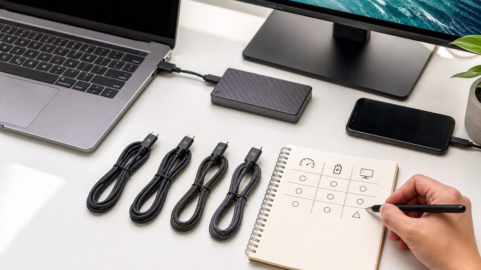 ノートPCや外部SSDとUSB-Cケーブルを机上で比較している生成画像