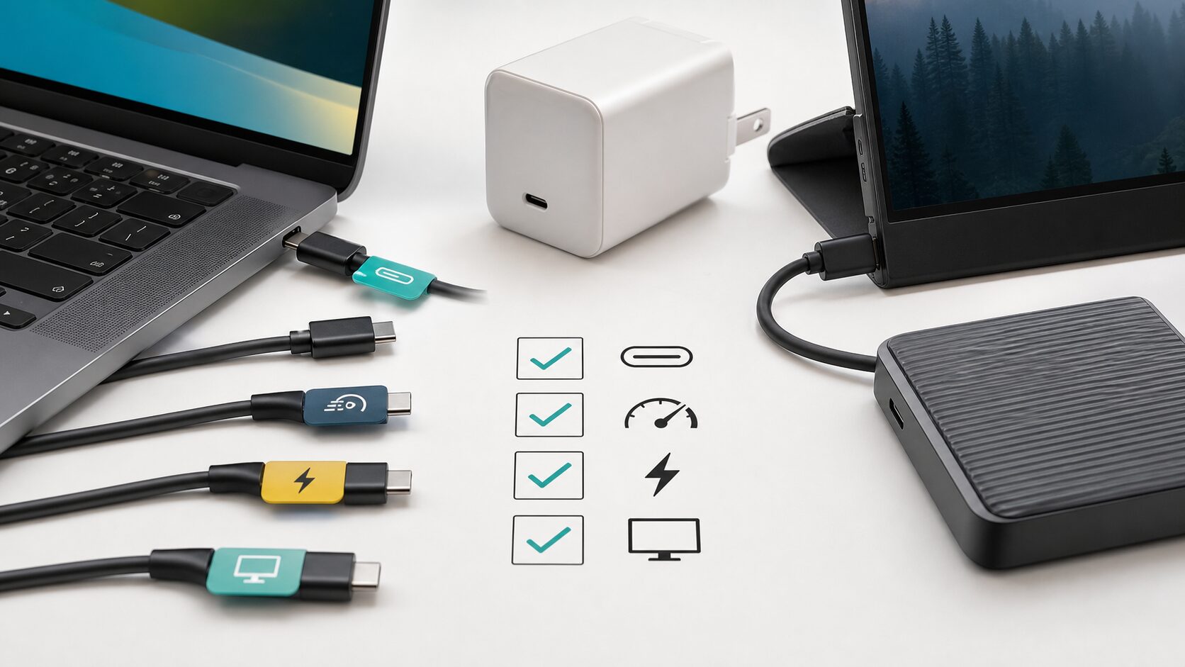 USB-Cケーブルと充電器、外部モニター、外部ドライブを並べた生成画像