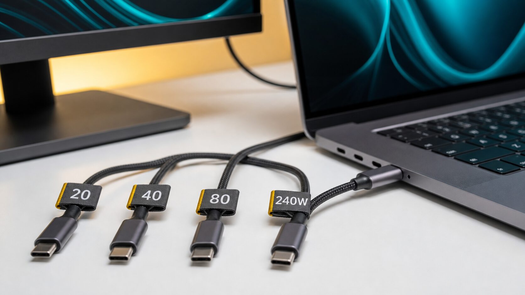 20、40、80、240Wの簡単な表示が付いたUSB-Cケーブルの生成画像