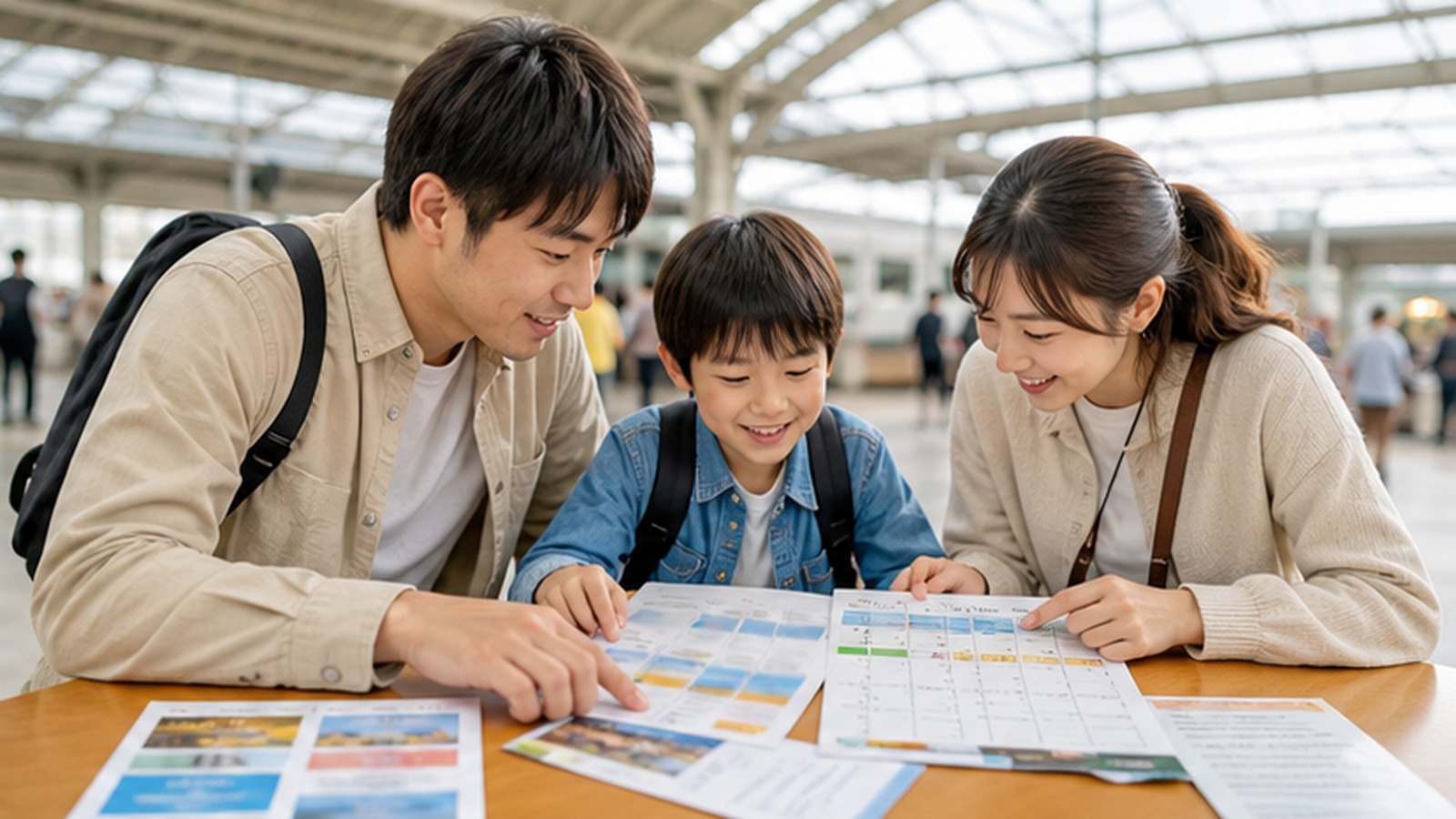 家族が旅行日程とチケット候補をテーブルで比べている様子