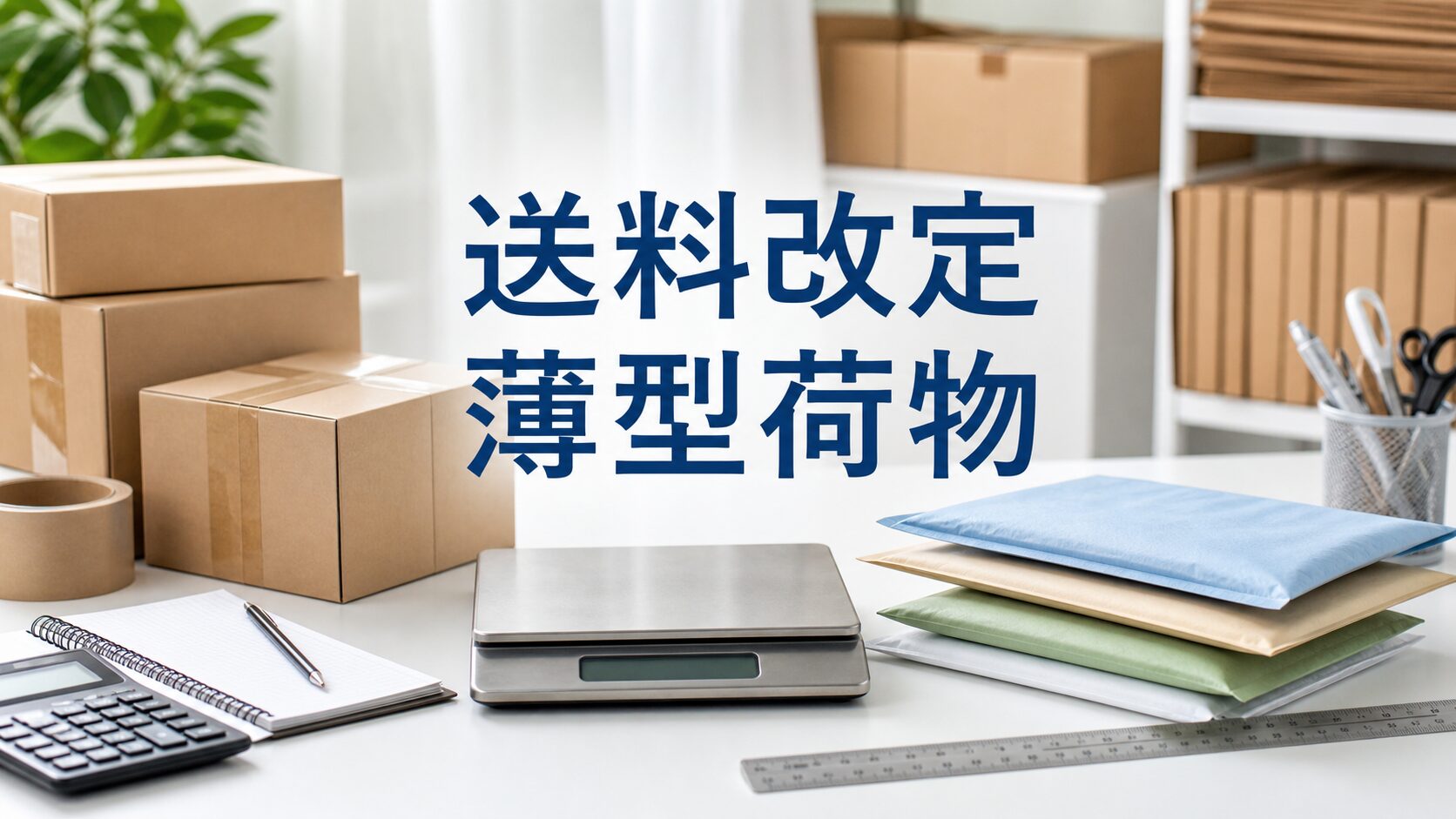 送料改定と薄型荷物の見直しを梱包デスクで表した生成画像