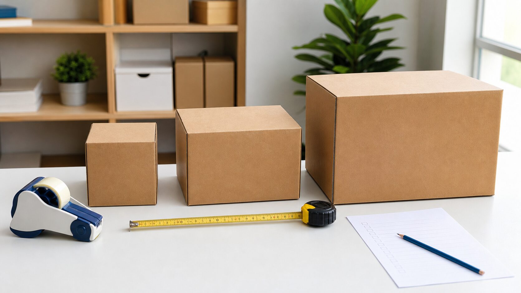 荷物サイズごとの送料見直しを梱包デスクで表した生成画像