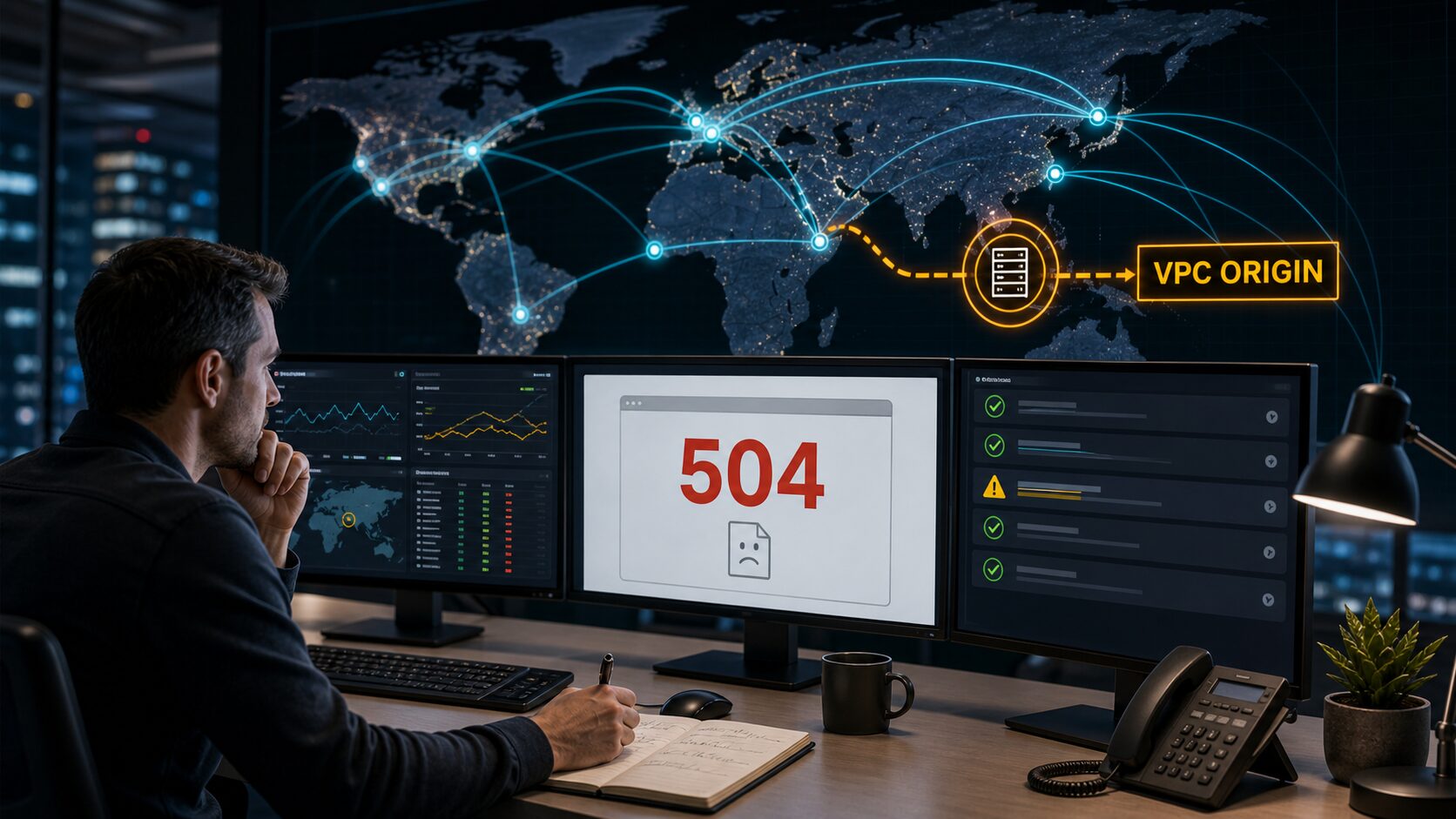 CloudFront障害で504表示とVPC origin経路を確認する運用デスクのイメージ