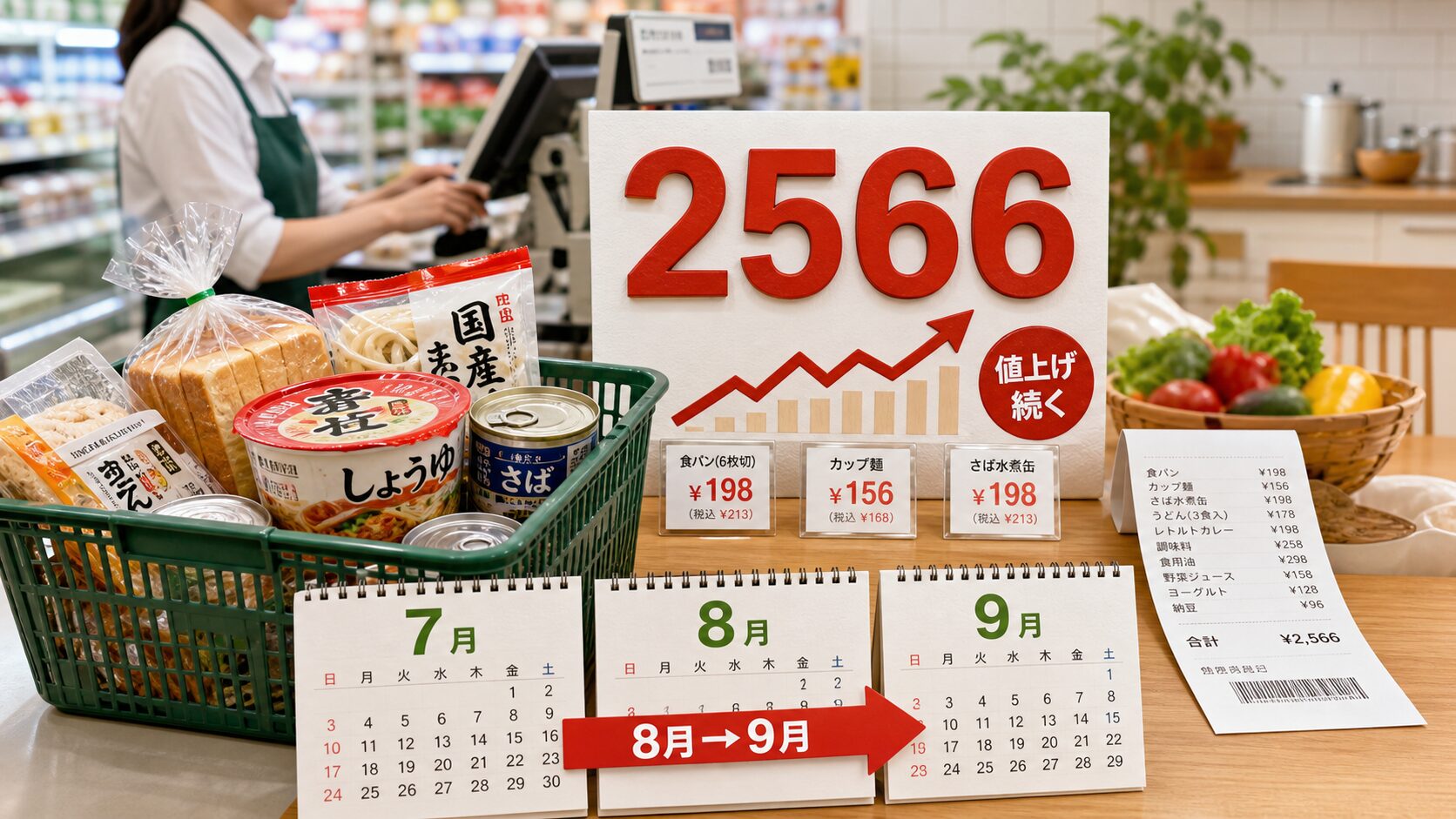 食品値上げ2,566品目と8月9月の買い物計画を示すスーパーと家計のイメージ