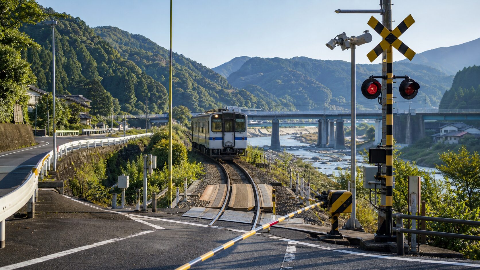 復旧した地方鉄道の踏切と試運転列車を地域の生活道路から見るアイキャッチ