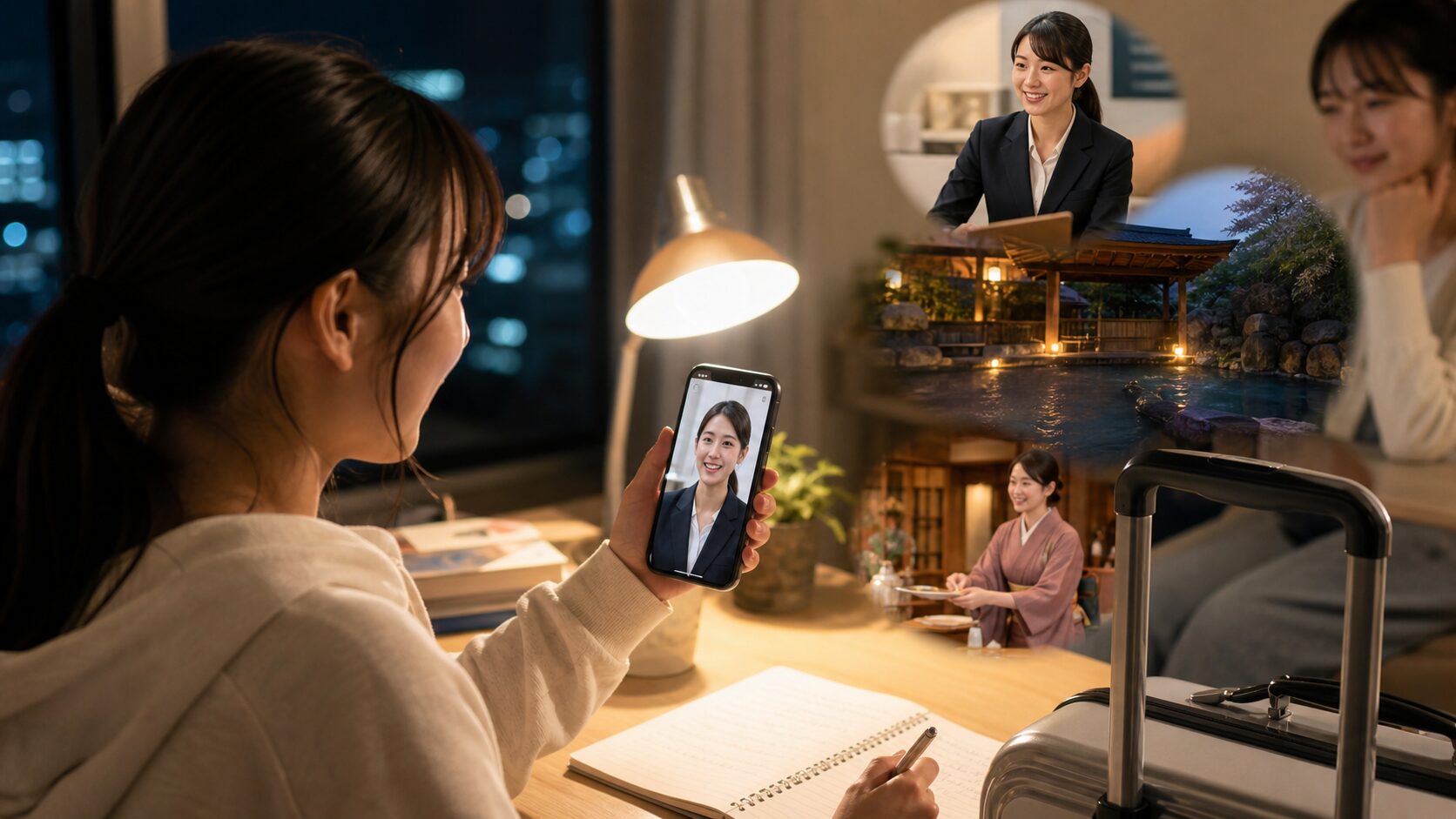 学生が夜にスマートフォンでAI面接を受け、観光施設の仕事と人の確認が重なるイメージ