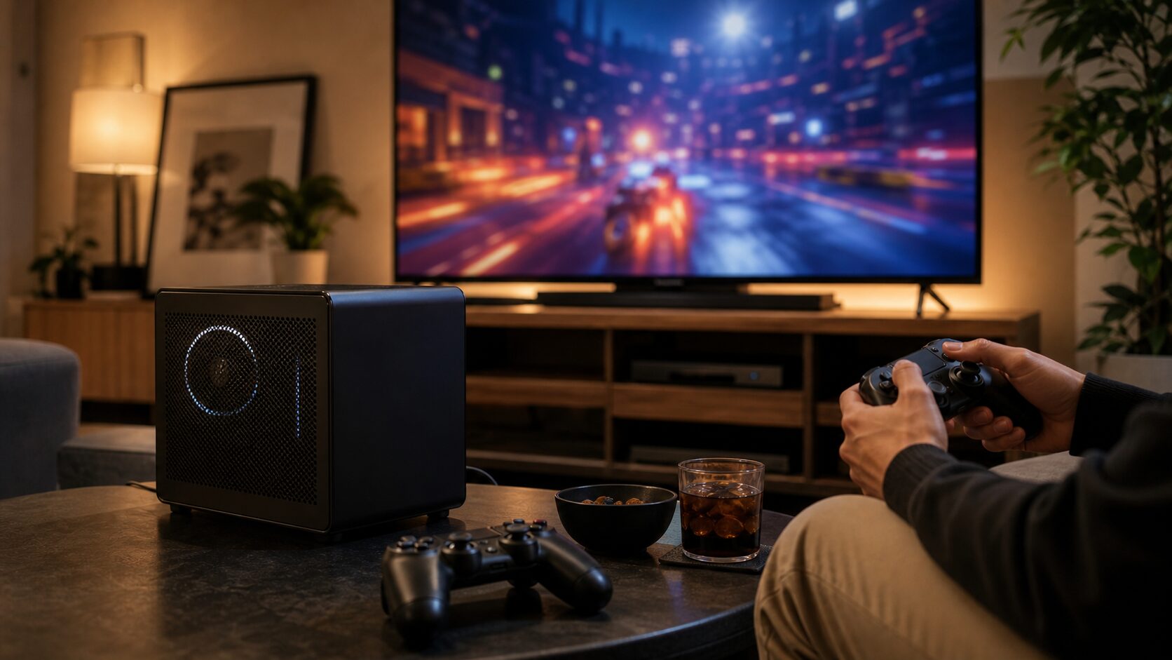 リビングで小型PCをテレビにつなぎゲームを遊ぶイメージ