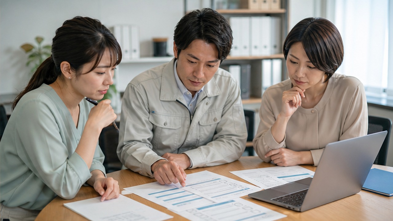 補助金申請の書類と入力状況を確認する小規模事業者のチーム