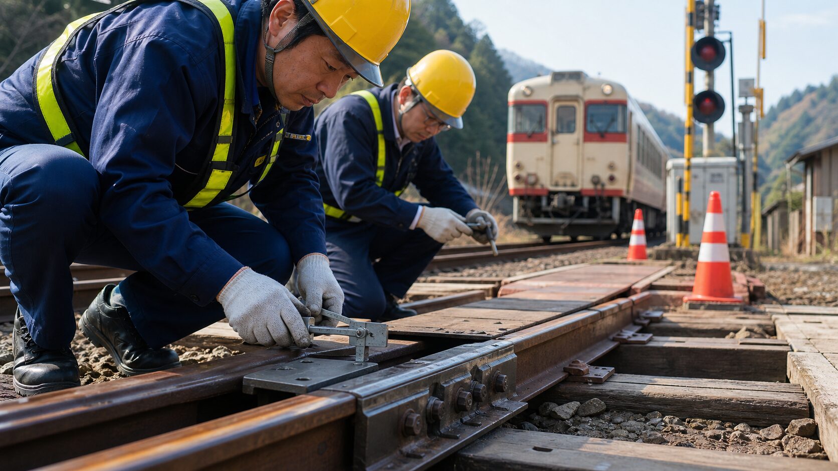 復旧区間で線路と踏切設備を点検する作業員のイメージ