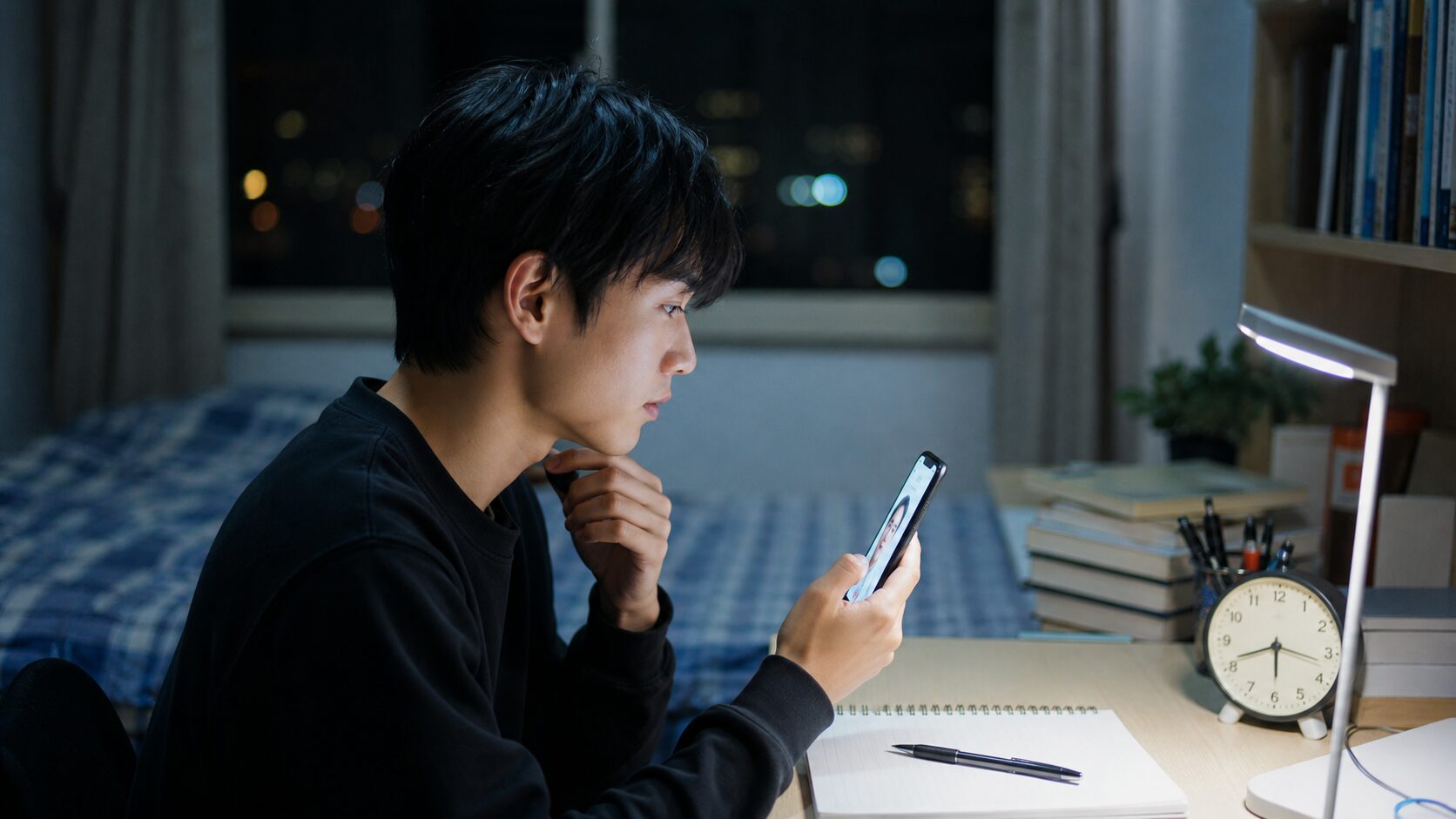 夜の部屋で学生がスマートフォンを使い面接準備を進めるイメージ