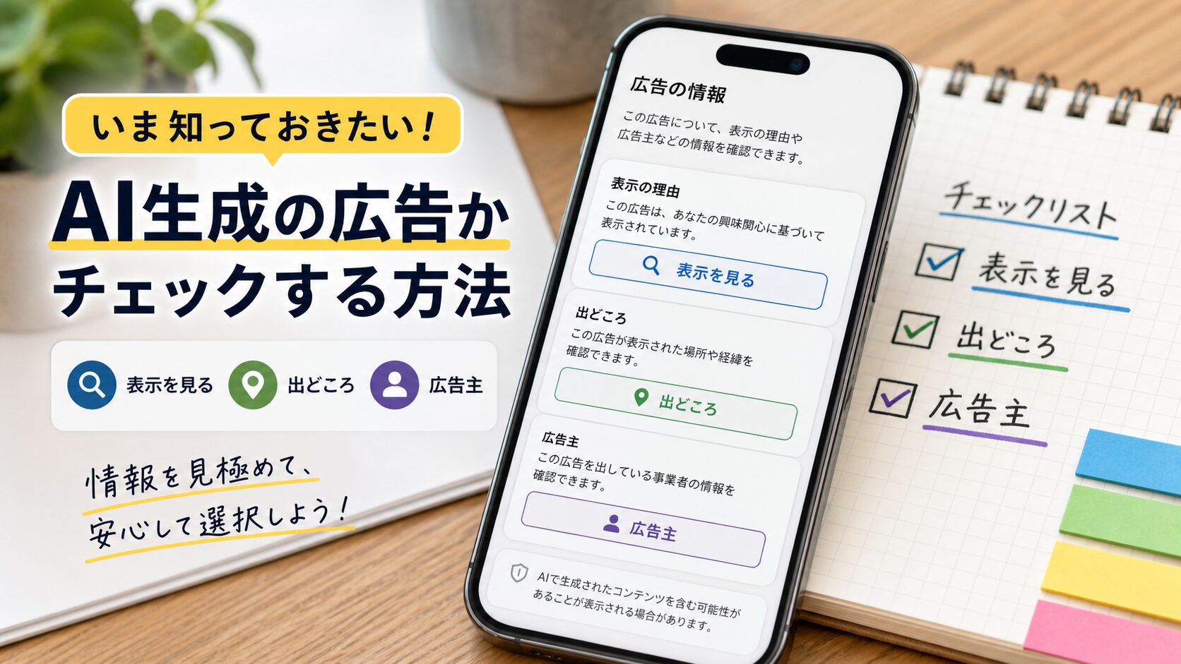 スマートフォンの広告情報パネルでAI生成広告か確認するイメージ
