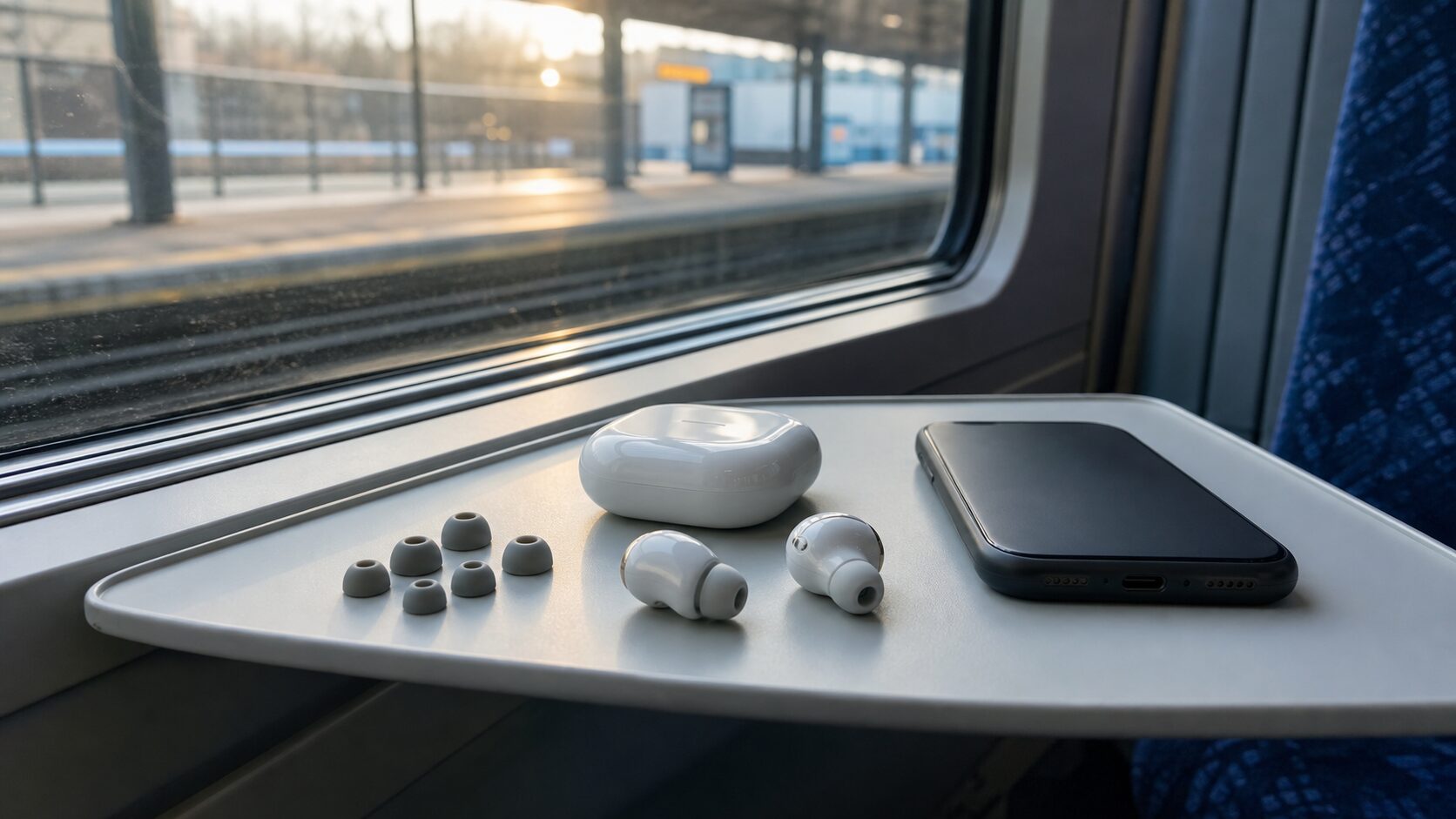 電車内でイヤーチップと完全ワイヤレスイヤホンを並べて装着感とノイズキャンセリングを確認するイメージ