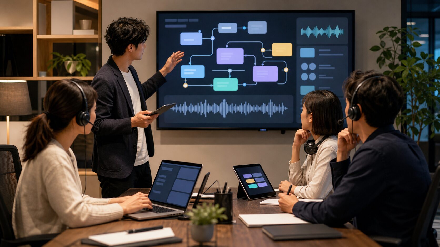 ノーコードで音声エージェントの通話フローを設計するチームのイメージ