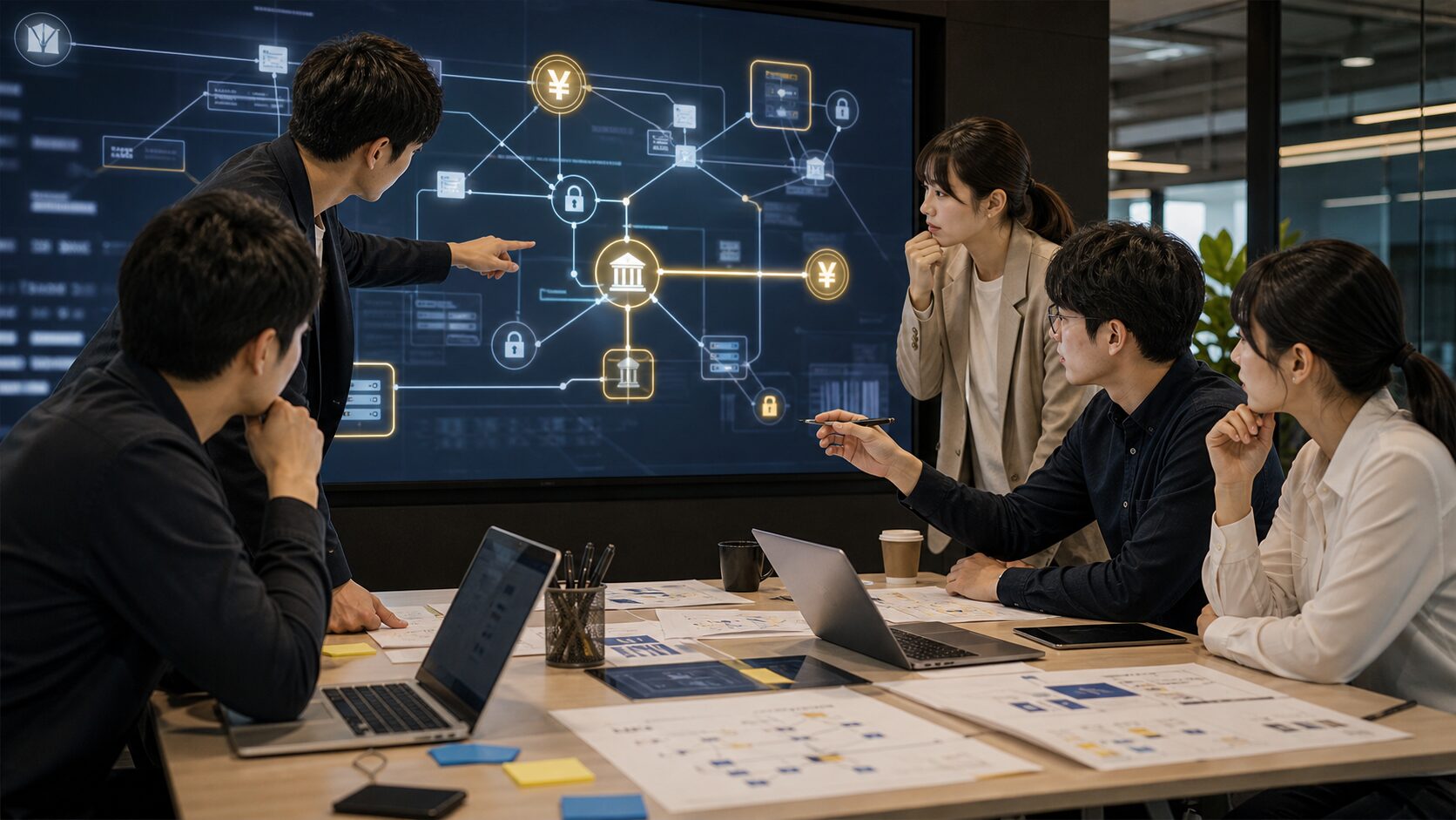 フィンテックの設計原則をチームで確認するイメージ
