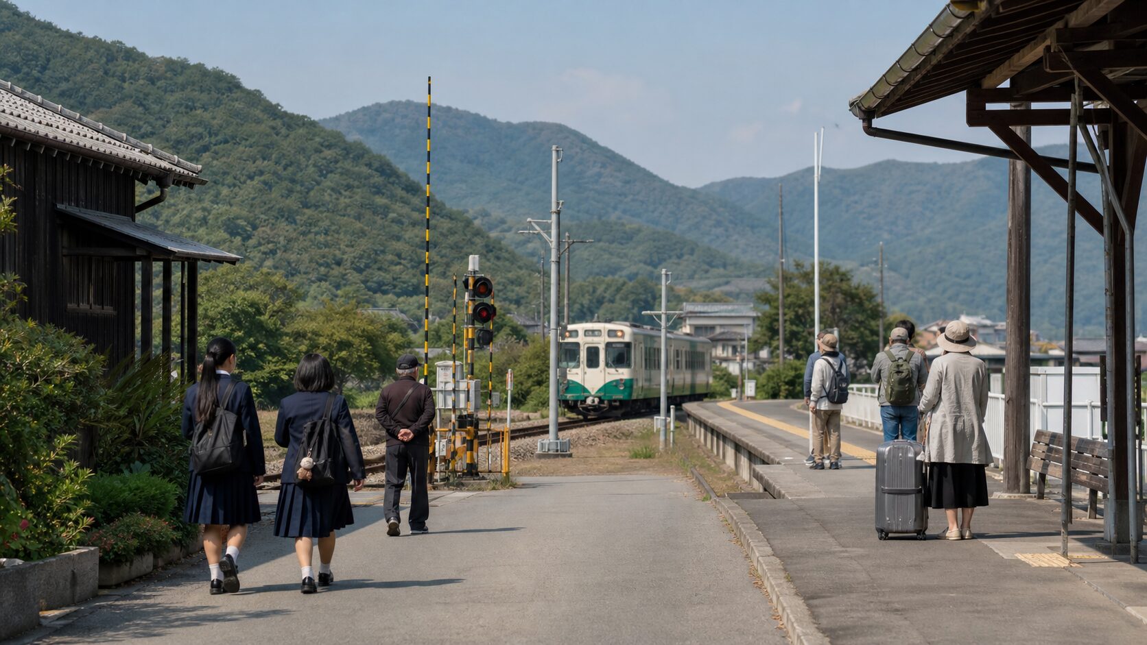 地方駅前で学生や旅行者が列車を待つ地域交通再開のイメージ