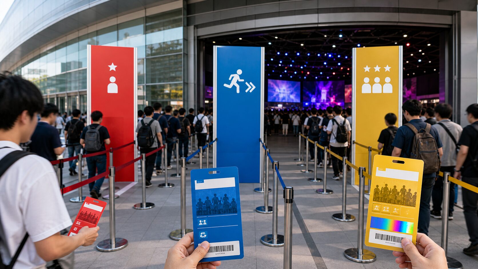 大型ゲームイベントの入場レーンで券種ごとの動き方を考えるイメージ