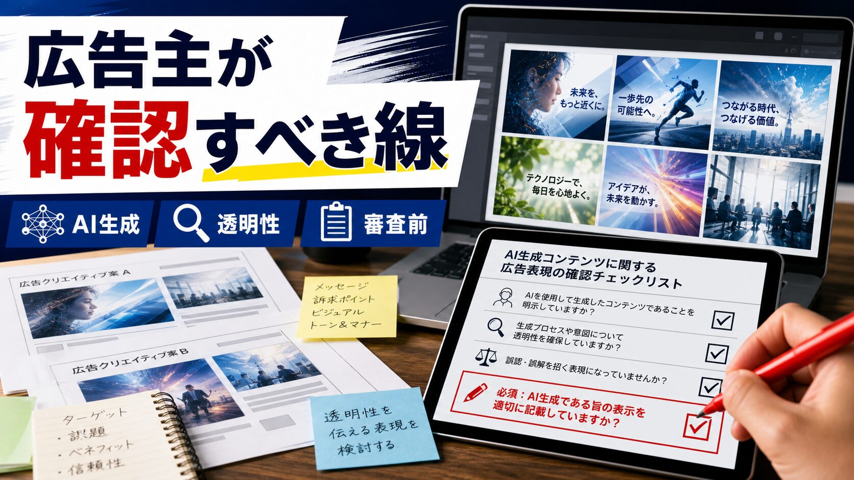 広告主がAI生成コンテンツの透明性を確認するチェックリストのイメージ