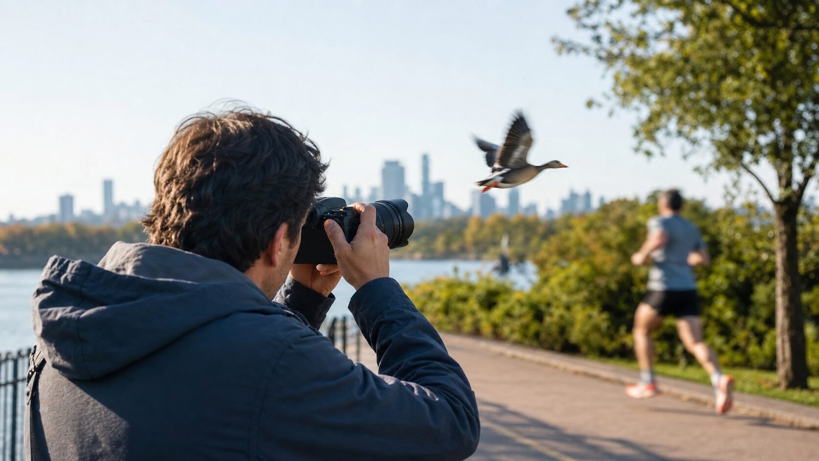 野鳥とランナーを追う高倍率カメラのオートフォーカスと連写を示すイメージ