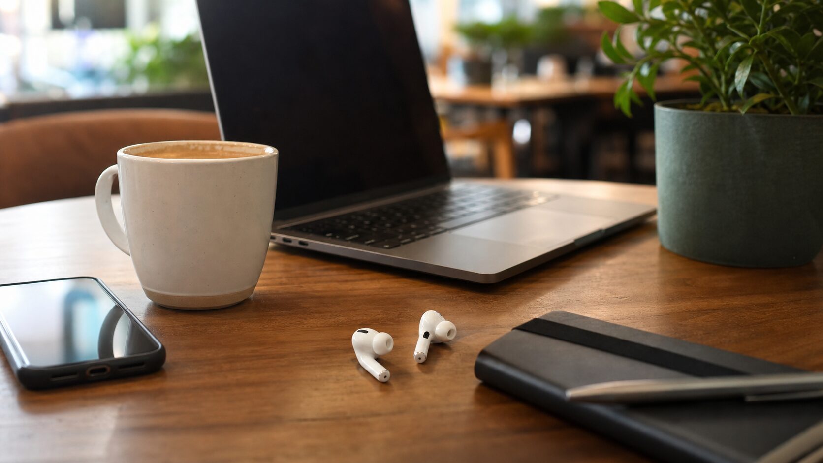 カフェ作業でイヤホンとPCとスマートフォンを使い通話やマルチポイント接続を確認するイメージ