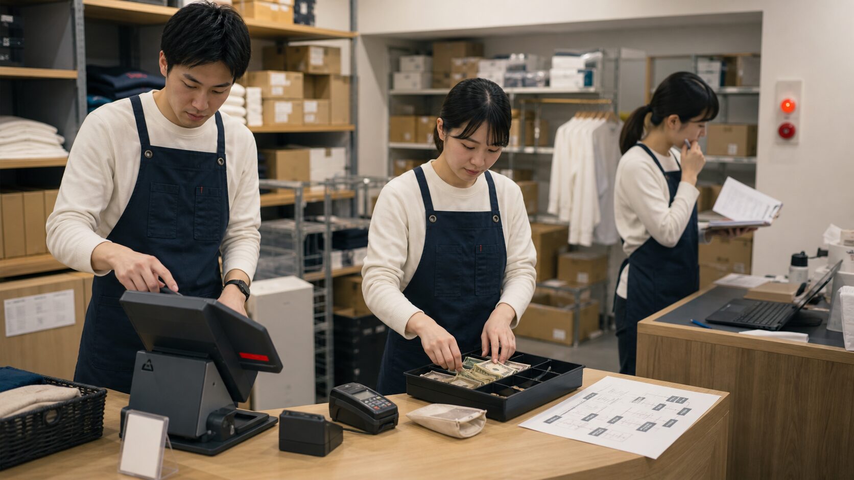 店舗スタッフが決済障害時の代替支払いと記録手順を準備するイメージ