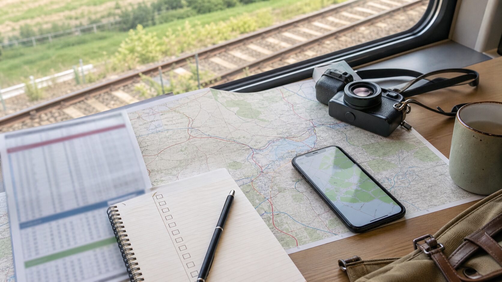 鉄道旅の地図と持ち物を整理しながら再開後の訪問を計画するイメージ