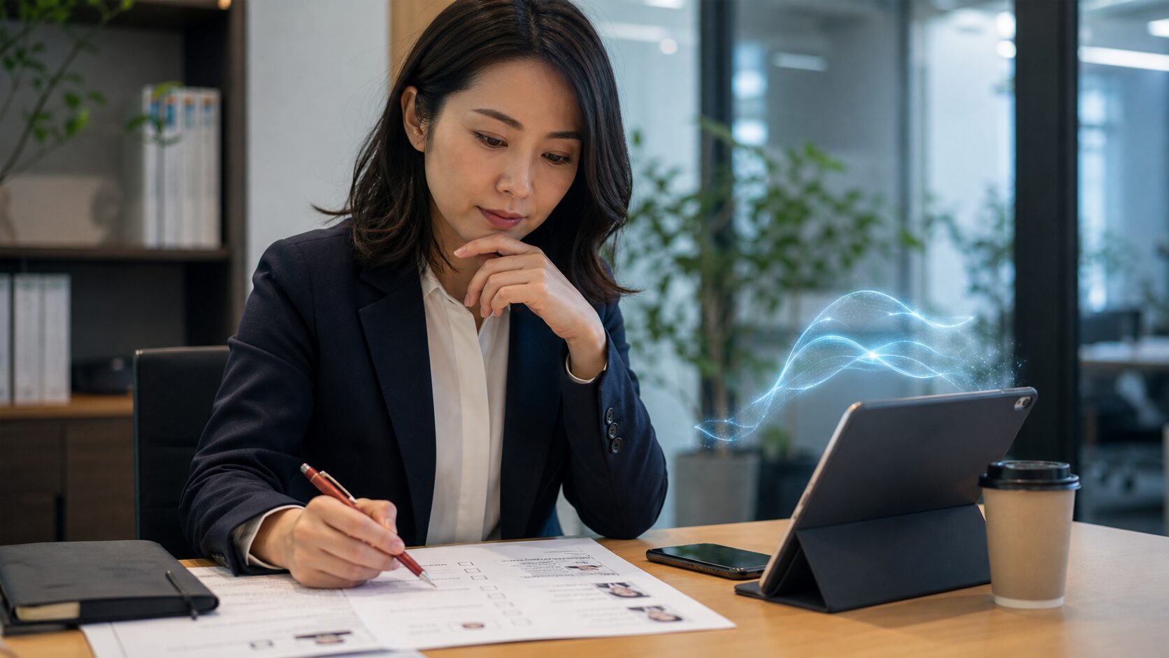 採用担当者がAIで整理された応募情報を人の目で確認するイメージ