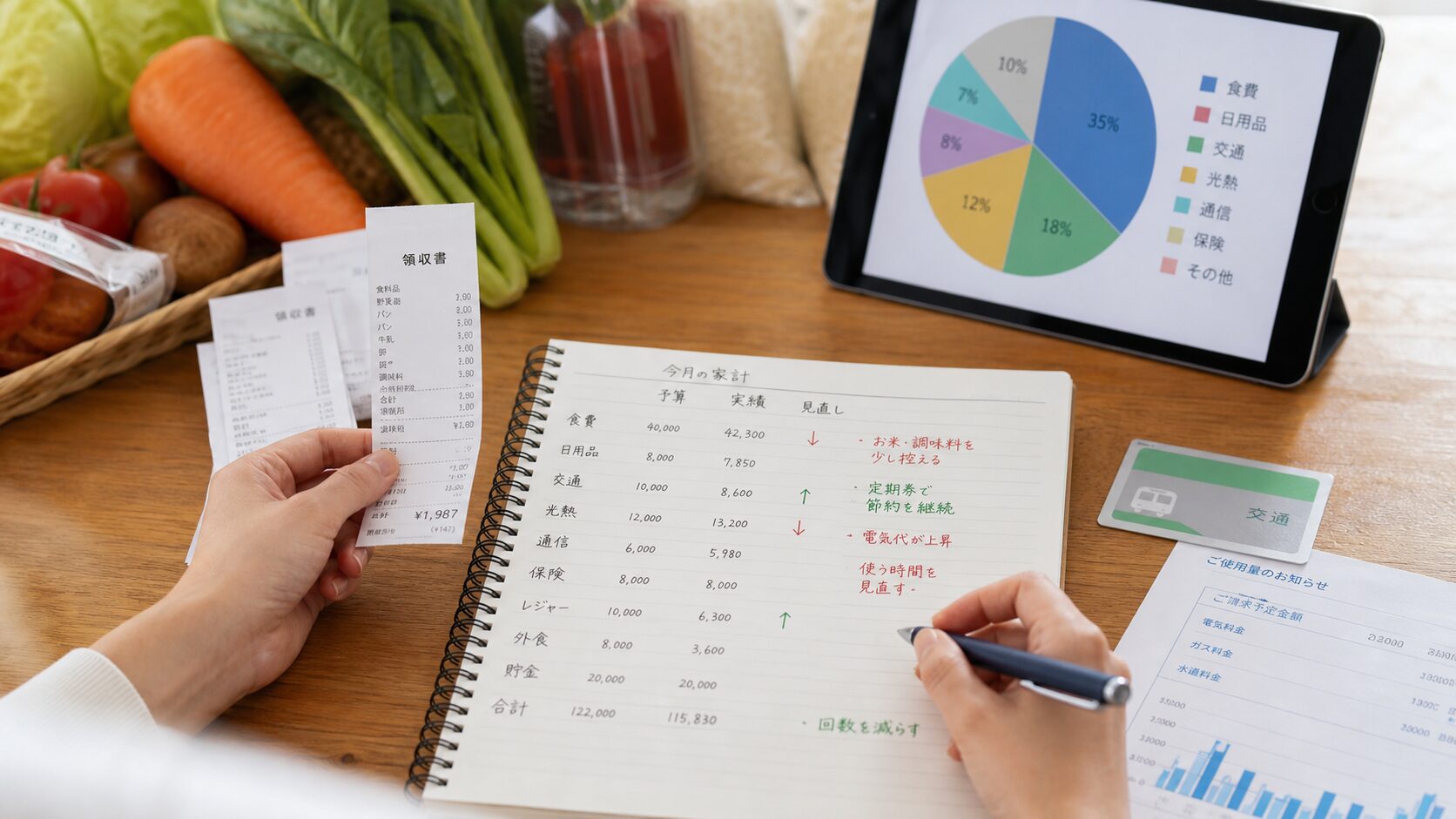 家計簿とレシートを見ながら支出の組み替えを考える手元