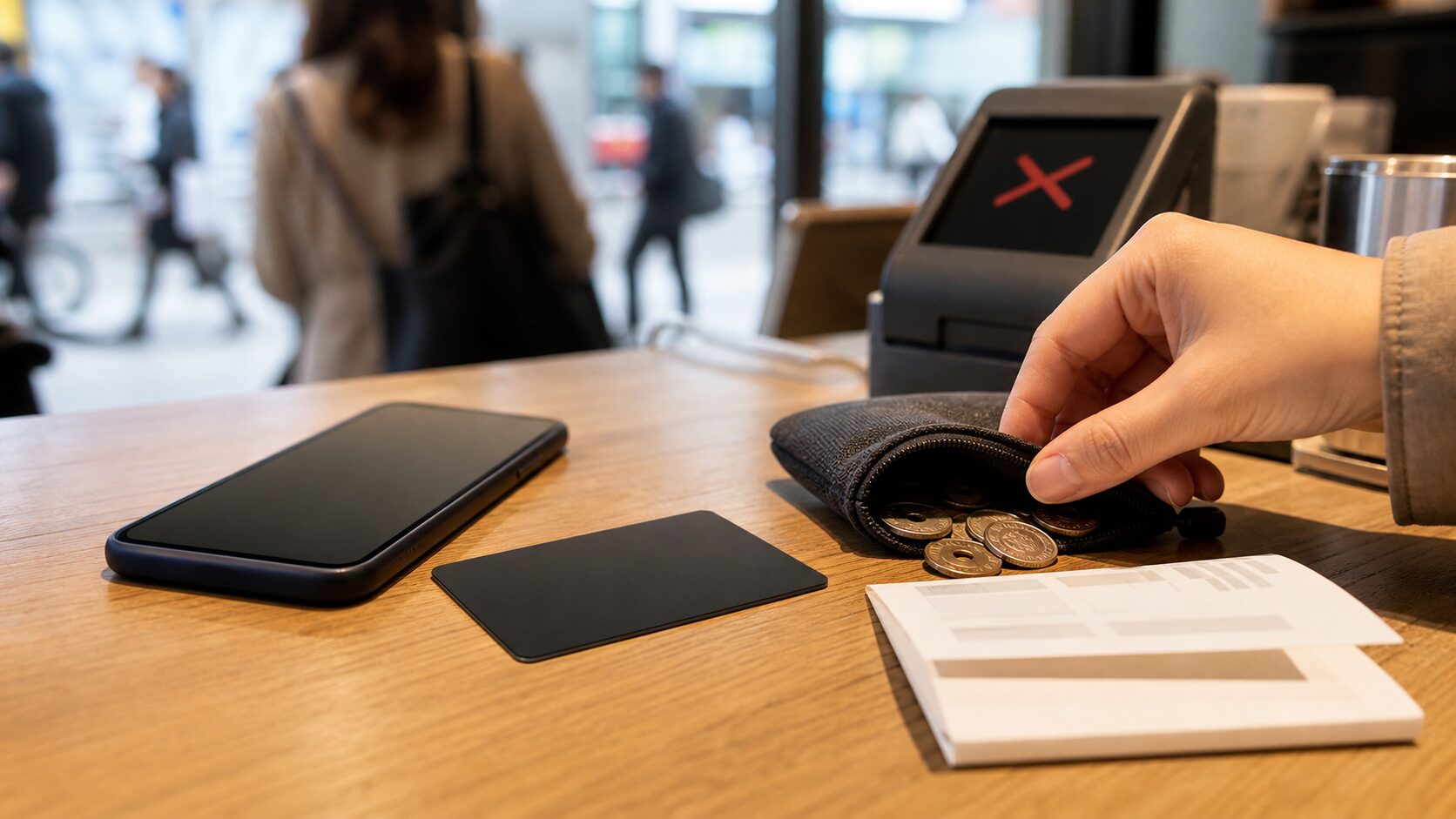 カードとスマホ以外に少額現金を用意して支払い手段を分散するイメージ