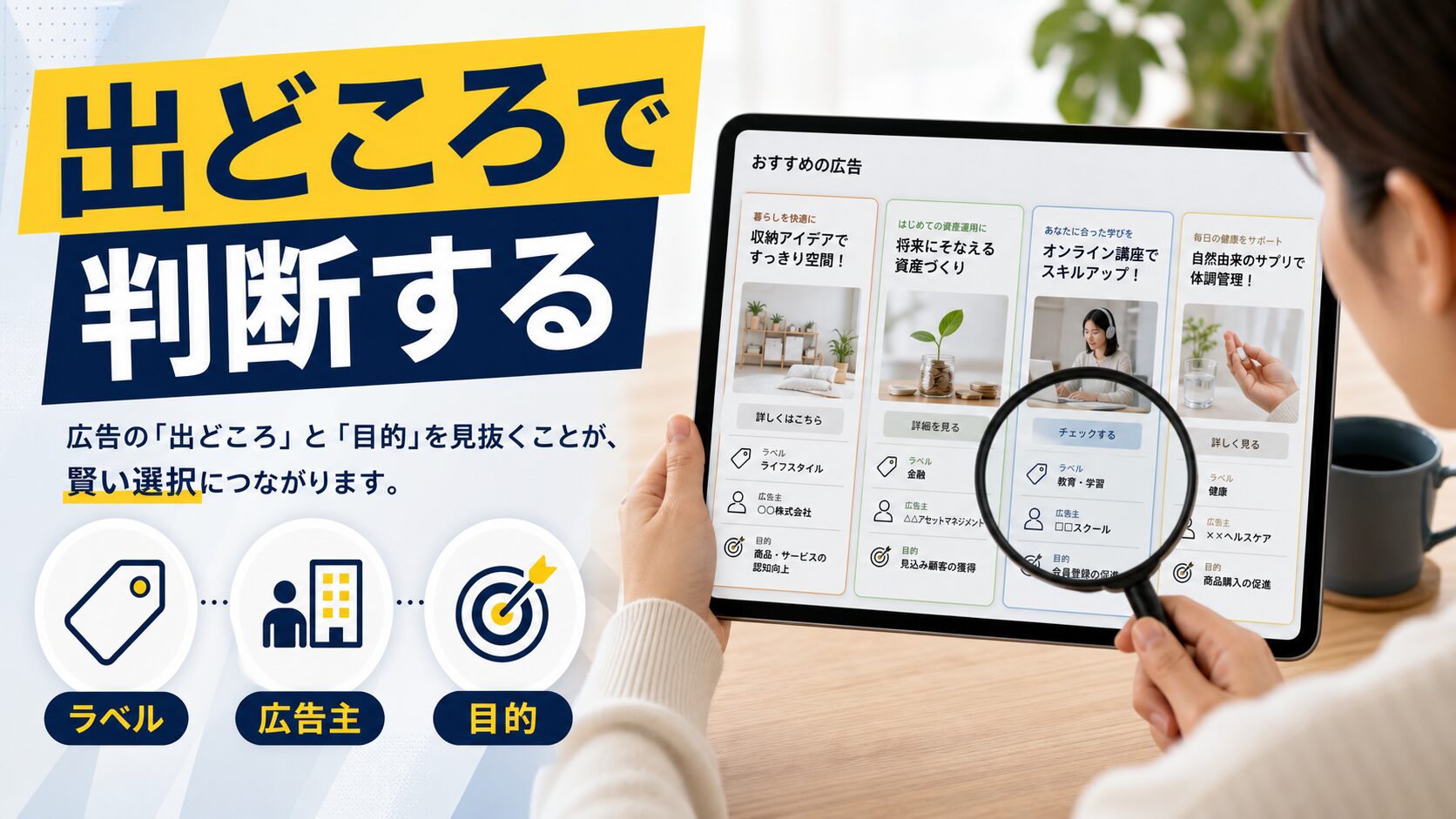 広告の出どころと目的を見抜くために複数の広告カードを比較するイメージ