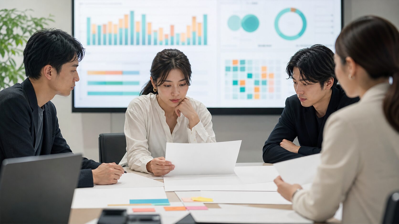 掲載後のレポートと改善点を確認する広報チームのイメージ