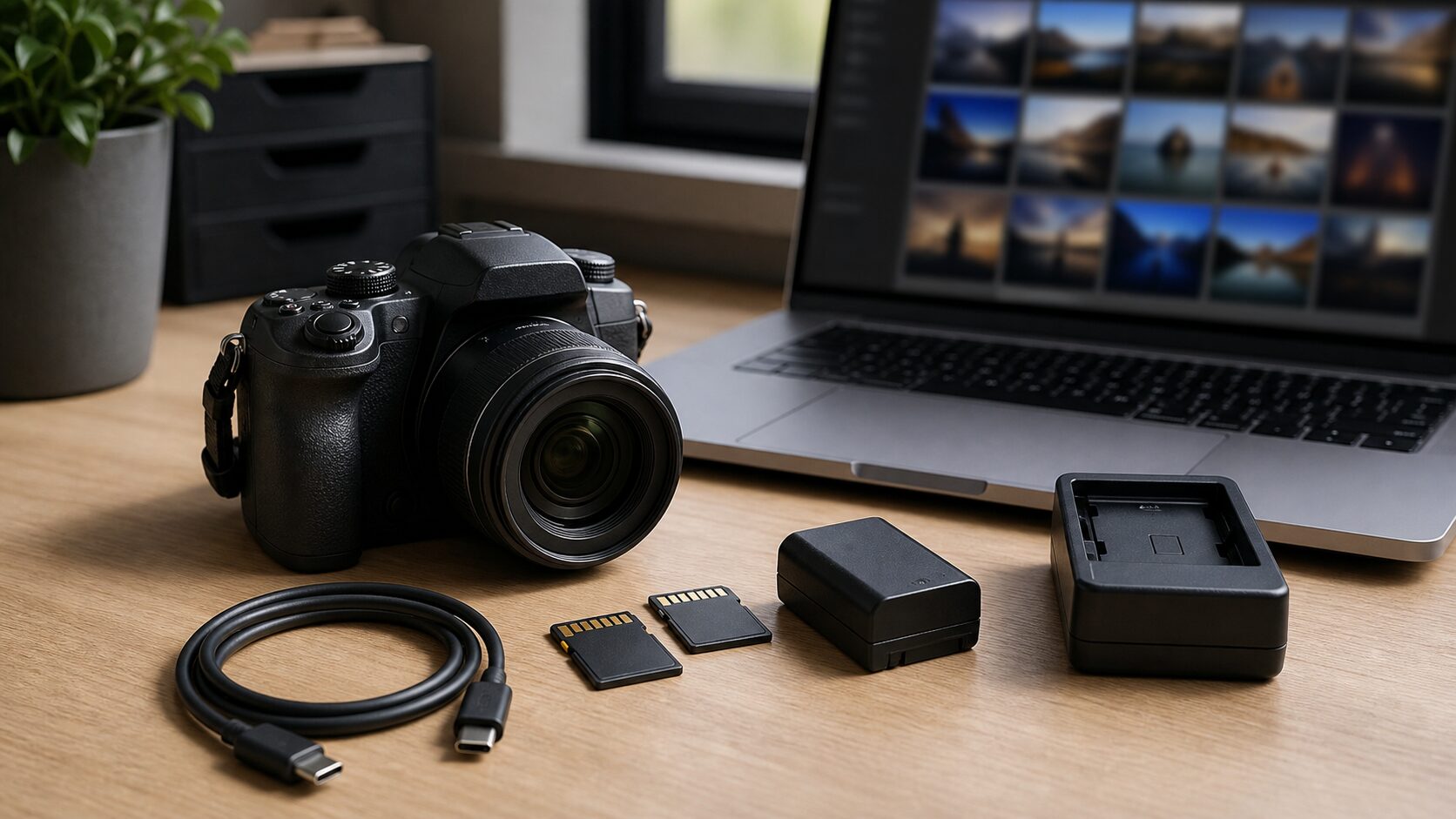 カメラ、UHS-IIカード、USB-Cケーブル、バッテリーで撮影後のワークフローを確認するイメージ