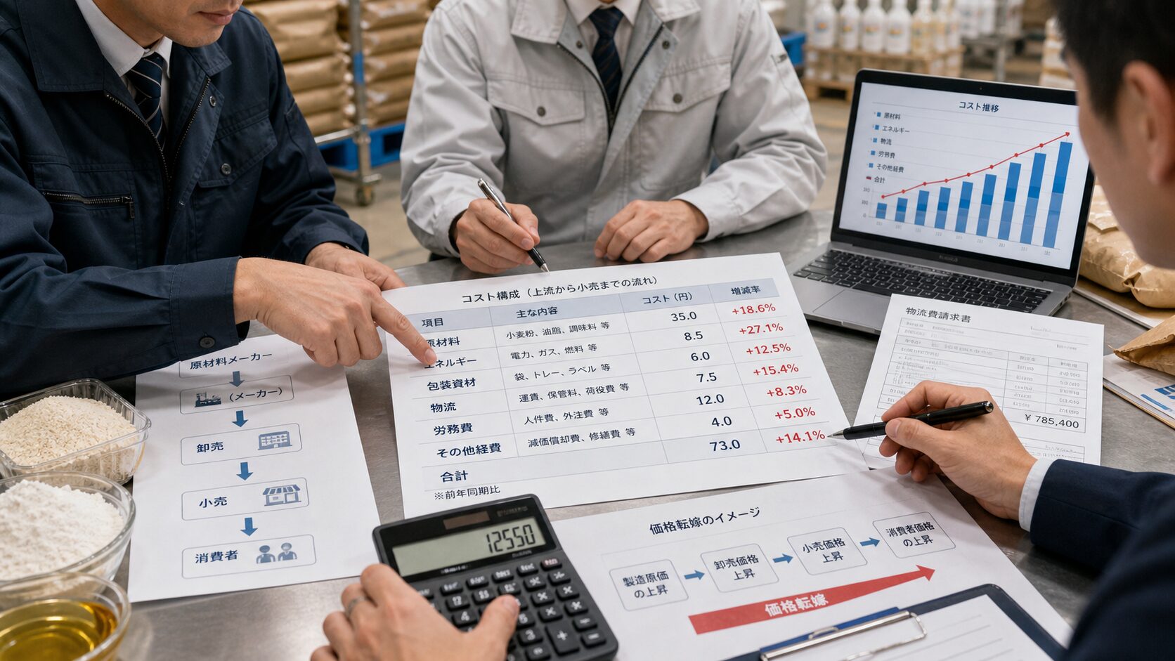 原材料や物流費の資料を見ながら企業側のコスト上昇を確認する会議