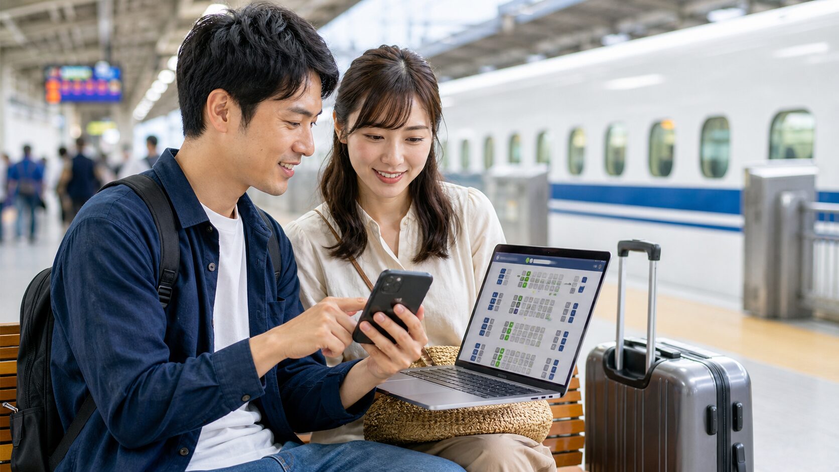 新幹線ホームでスマートフォンと座席表を見ながら予約を確認する旅行者
