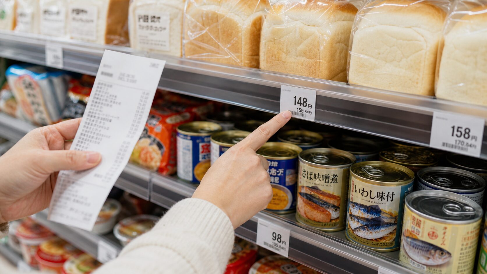 スーパーのパンと缶詰売り場で値札とレシートを見比べる手元