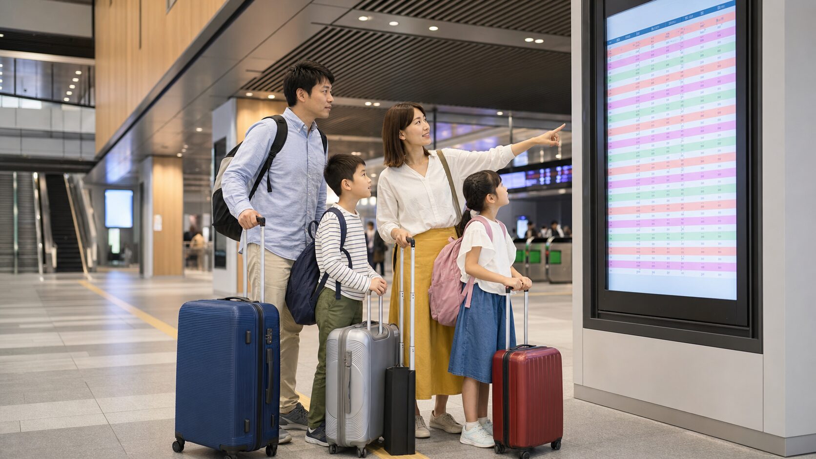 駅の案内画面を前に家族が出発時間を選ぶ様子
