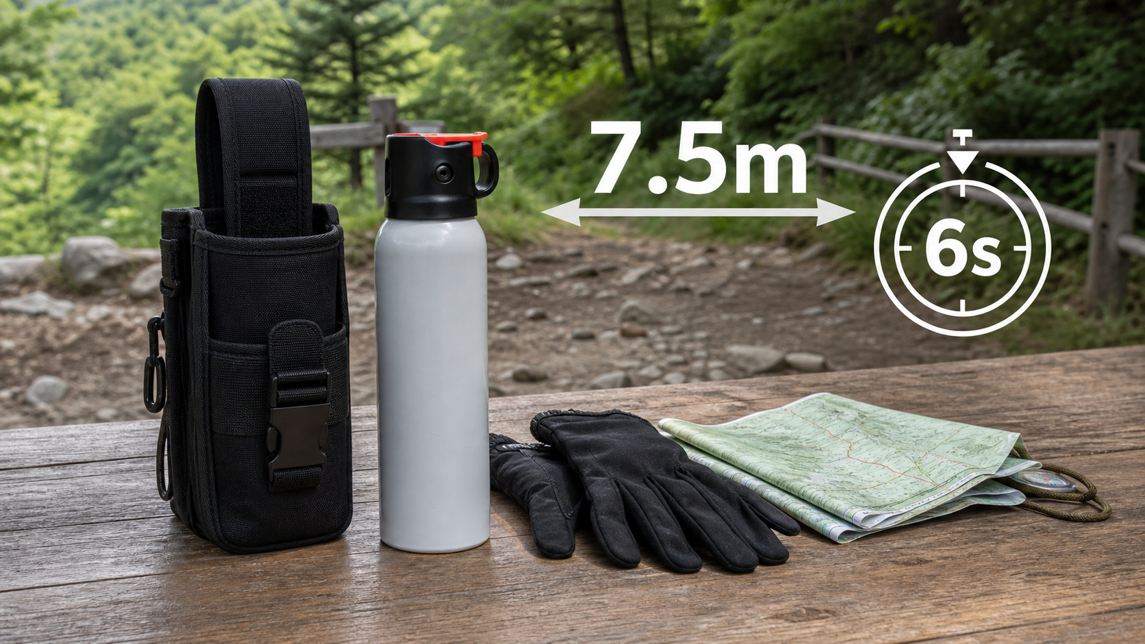 クマ撃退スプレーの7.5mと6秒の目安を示す登山口の準備デスク