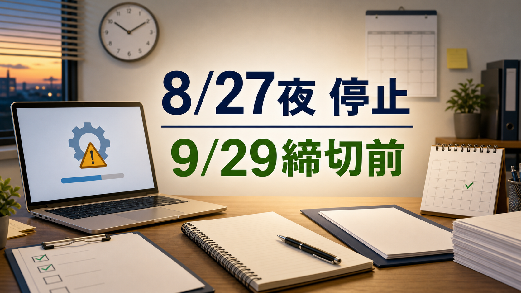 IT導入補助金2026の8月27日夜メンテナンスと9月29日締切を示す申請準備デスク